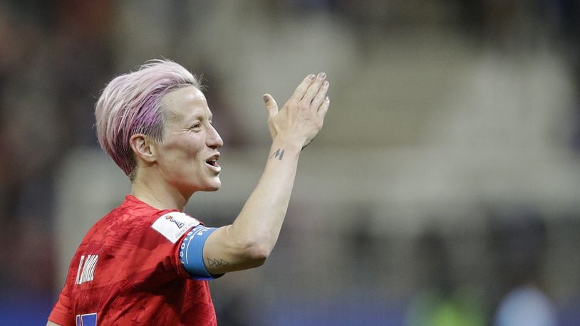 United States' Megan Rapinoe blows a kiss after the Women's World Cup Group F soccer match between United States and Thailand at the Stade Auguste-Delaune in Reims, France, Tuesday, June 11, 2019.