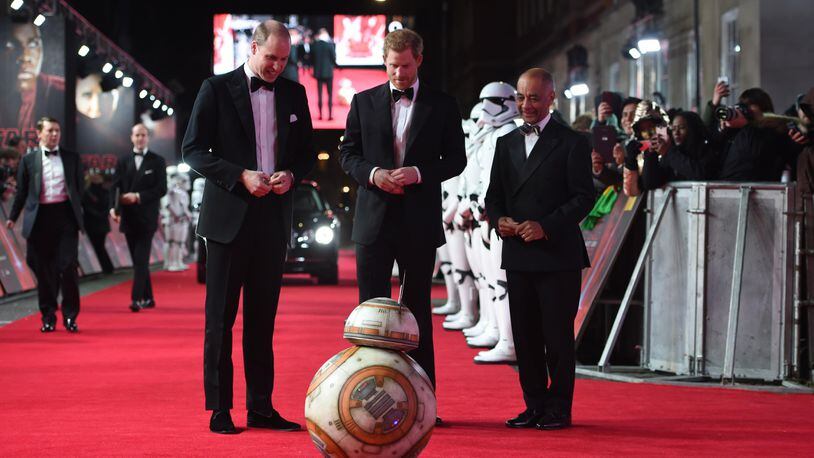 LONDON, ENGLAND - DECEMBER 12: (L-R) Prince William, Duke of Cambridge and Prince Harry attend the European Premiere of 'Star Wars: The Last Jedi' at Royal Albert Hall on December 12, 2017 in London, England.  (Photo by Eddie Mulholland - WPA Pool/Getty Images)