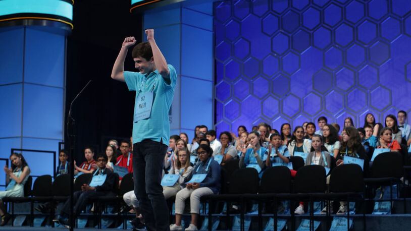 NATIONAL HARBOR, MD - MAY 31:  Will Lourcey of Fort Worth, Texas, celebrates after he correctly spelled his word during round three of 2017 Scripps National Spelling Bee at Gaylord National Resort & Convention Center May 31, 2017 in National Harbor, Maryland. Close to 300 spellers are competing in the annual spelling contest for the top honor this year.  (Photo by Alex Wong/Getty Images)