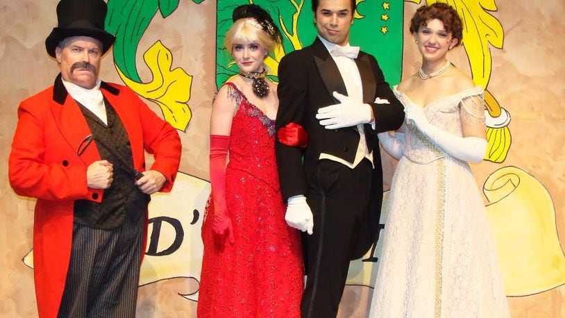 (left to right) Chris Beiser (in multiple D'Ysquith roles), KatieAnn Bonavita (Sibella Hallward), David Thomas (Monty Navarro) and Hannah Hensler (Phoebe D'Ysquith) appear in La Comedia Dinner Theatre's production of "A Gentleman's Guide to Love and Murder." CONTRIBUTED