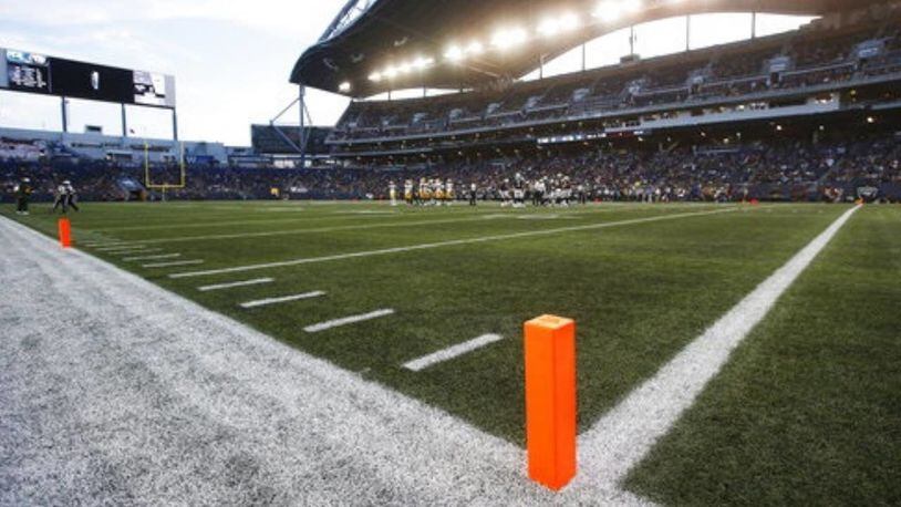 A pylon marks the modified end zone that was used at IG Field in Winniepg during Thursday night's NFL preseason game between Green Bay and Oakland.
