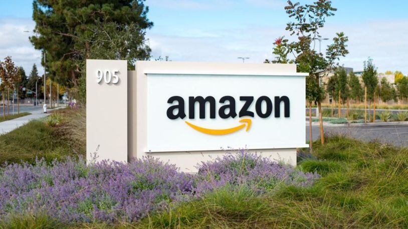 Sign with logo for ecommerce company Amazon at the company's regional headquarters in the Silicon Valley town of Sunnyvale, California, October 28, 2018. (Photo by Smith Collection/Gado/Getty Images)