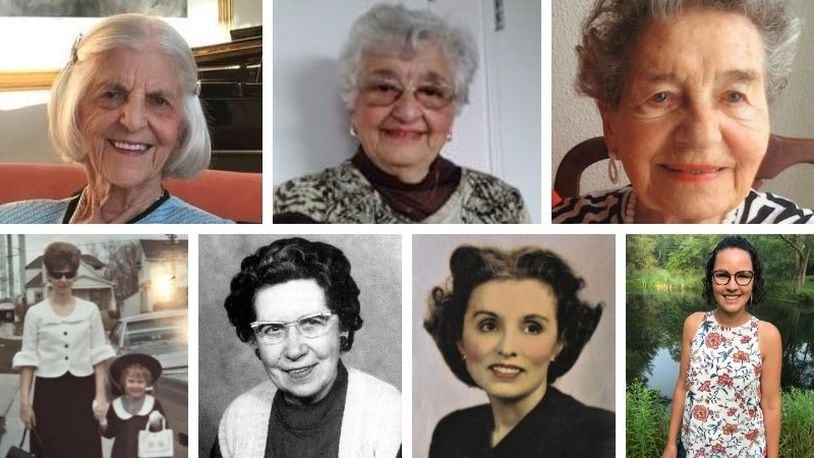 Clockwise from top left: Trailblazing Dayton women Evelyn Boosalis, Vivienne Himmell, Paula Schaeffer, Terri Pelley, Vadna Gardner, Evangeline Lindsley and Jocelyn Ann James.