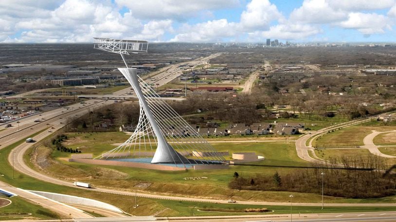 An artist rendering of the proposed Triumph of Flight monument that the Wright Image Group would like to building at the southwest quadrant of interstates 70 and 75 in Butler Township. Project organizers would like to build an Ohio Aviation Hall of Fame at the base of the monument. CONTRIBUTED PHOTO BY WRIGHT IMAGE GROUP