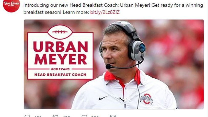 Urban Meyer has been removed from the Bob Evans website after and investigation into whether he knew of an assistant coach’s domestic violence allegations.