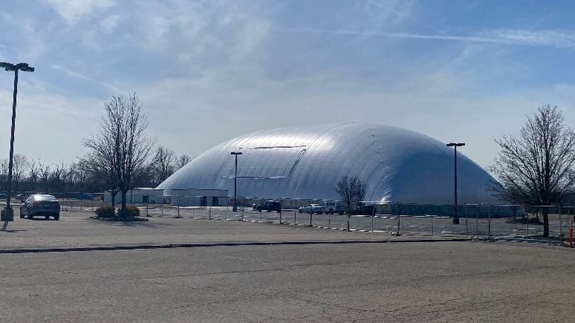 The Flyght Academy Sports Complex's inflatable dome could be seen briefly in Trotwood on Thursday, March 9, 2023, during a test of the facility’s mechanics. CONTRIBUTED PHOTO
