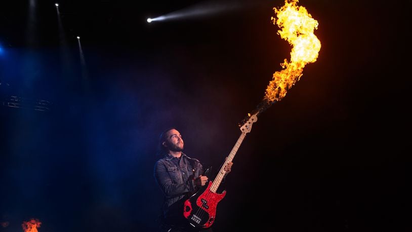 CHICAGO, IL - SEPTEMBER 08:  Pete Wentz of Fall Out Boy performs during The Mania Tour at Wrigley Field on September 8, 2018 in Chicago, Illinois.  (Photo by Daniel Boczarski/Getty Images)