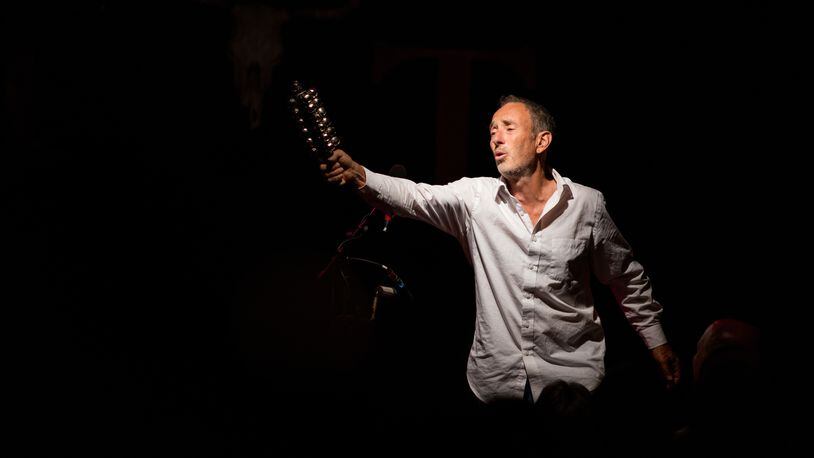 Cult figure Jonathan Richman, who emerged in the 1970s as the leader of the influential cult band the Modern Lovers, performs with longtime drummer Tommy Larkins at The Foundry Theater at Antioch College in Yellow Springs on Tuesday, Feb. 27.