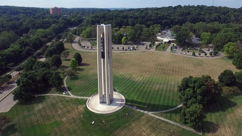 The Deeds Carillon is a 151-foot-tall tower, made of Indiana limestone, and originally designed with 32 bells. Eight of the first 32 bells were silent, each a memorial to a member of the Deeds family.SKY 7 / STAFF