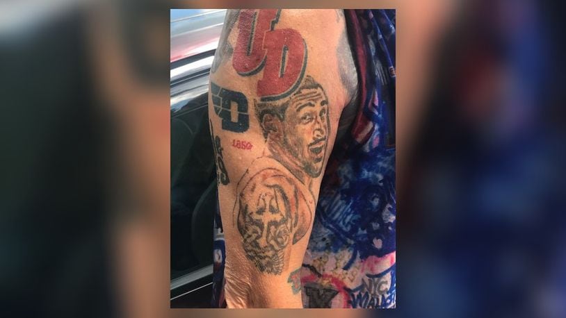 Mark Haufe's tattoo of Obi Toppin, the beloved, high-flying star of the Dayton Flyers 29-2 team three years ago who became the consensus National Player of the Year in 2020 and became a first round draft pick of the New York Knicks, where he’s now a crowd-favorite stand out. Tom Archdeacon photo