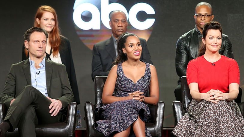 PASADENA, CA - JANUARY 10:  (Top L-R) Actors Darby Stanchfield, Joe Morton, and Cornelius Smith Jr., and (Bottom L-R) actors Tony Goldwyn, Kerry Washington, and Bellamy Young of the television show 'Scandal' speak onstage during the Disney-ABC portion of the 2017 Winter Television Critics Association Press Tour at Langham Hotel on January 10, 2017 in Pasadena, California.  (Photo by Frederick M. Brown/Getty Images)