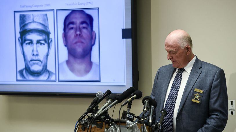 Stearns County (Minnesota) Sheriff Don Gudmundson speaks as images of confessed killer Danny James Heinrich are shown on a screen during a news conference Thursday, Sept. 20, 2018, on the release of investigative files in the abduction and murder of Jacob Wetterling. Wetterling, 11, of St. Joseph, vanished the evening of Oct. 22, 1989, as he rode home on his bike with his younger brother, Trevor, and his best friend. His disappearance remained unsolved until the fall of 2016, when Heinrich confessed to killing the missing boy and led police to Jacob’s remains, which were buried on a farm about 30 miles from the site of his abduction.