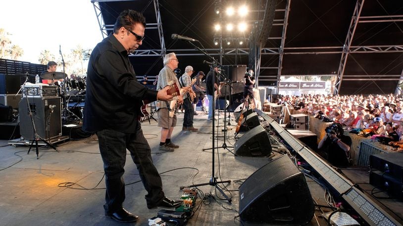 INDIO, CA - APRIL 30:  (L-R) Musicians Enrique Gonzalez, Cesar Rosas,  Conrad Lozano, Louie Perez, Steve Berlin, and David Hidalgo of Los Lobos perform on the Palomino Stage during day 3 of 2017 Stagecoach California's Country Music Festival at the Empire Polo Club on April 30, 2017 in Indio, California.  (Photo by Frazer Harrison/Getty Images for Stagecoach)