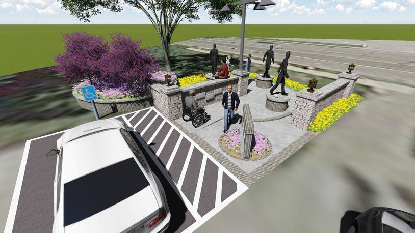 The proposed Troy Aviation Heroes Statue Project would recognize Clayton Brukner, Robert N. Hartzell and Nancy Currie-Gregg with statues on city park land immediately north of the senior citizens center and west of North Market Street. SUBMITTED