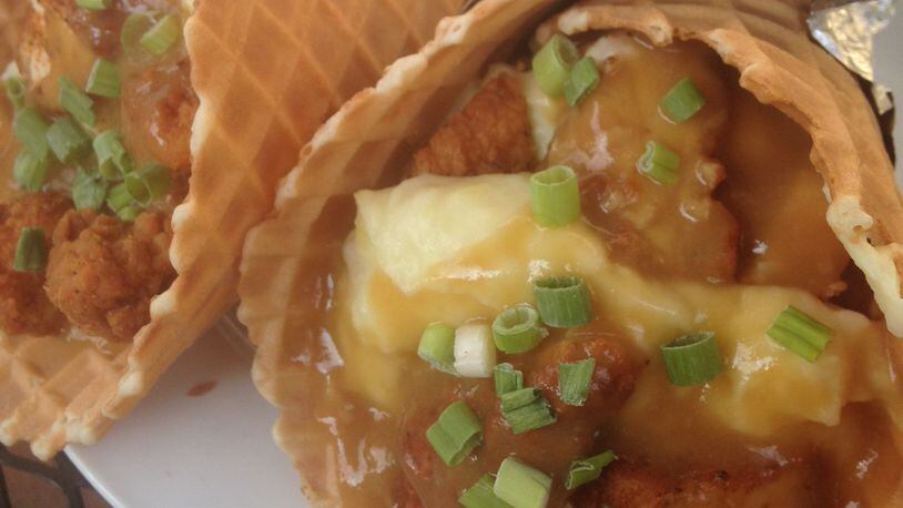 Lily's Bistro's Taste of All Things Oregon menu includes a chicken and "waffle" a waffle cone filled with local, free-range fried chicken, mashed potatoes, and chicken gravy.
