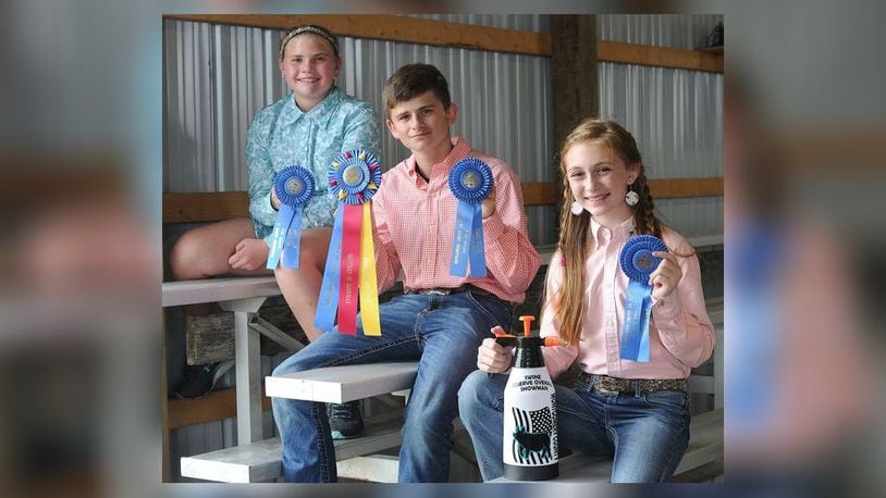 Allie Brunk (Left), 11, was awarded first place in her show class as well as Reserve Overall Junior Showman. Kace Kozaree (Middle) , 14, was awarded the biggest award of the pig show, Swine Showman of Showmen. Lucy Shell (Right), 12,  was also awarded first place in her class, as well as honored as a Reserve Overall against the winners of the Junior, Intermediate, and Senior showman classes at the Montgomery County Fair. MARSHALL GORBY\STAFF