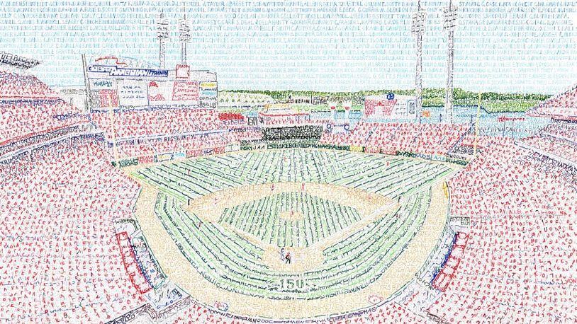Art showcasing Great American Ball Park and the names of every Reds player. Drawing by Dan Duffy
