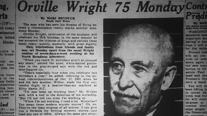 Days before Orville Wright would celebrate his 75th birthday on August 19, 1946, Marj Heyduck, a reporter for the Dayton Herald, interviewed him for a story commemorating the occasion.