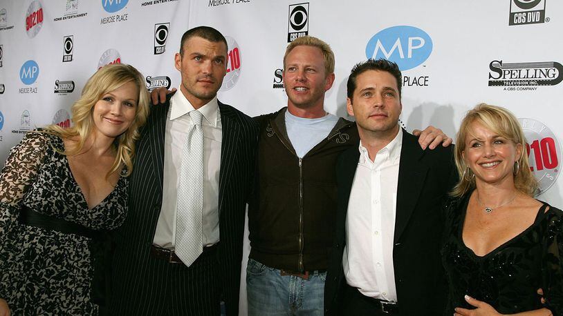 (from left to right) Former cast members Jennie Garth, Brian Austin Green, Ian Ziering, Jason Priestley and Gabrielle Carteris arrive at the "Beverly Hills 90210: The Complete First Season" DVD Party at The Beverly Hilton Hotel November 3, 2006 in Beverly Hills, California.  Fox confirmed a new "90210" series will air this summer.