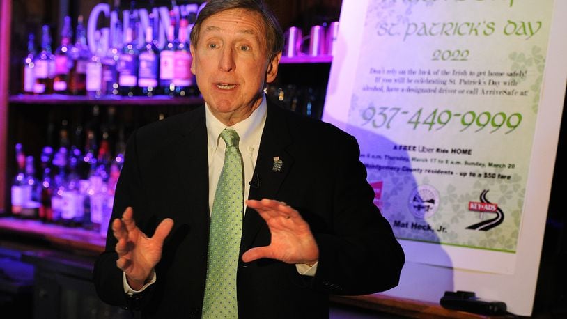 Montgomery County Prosecuting Attorney Mat Heck, Jr. at the Dublin Pub talks Wednesday March 16, 2022 about the ArriveSafe Program for St. Patrick's Day.  MARSHALL GORBY\STAFF