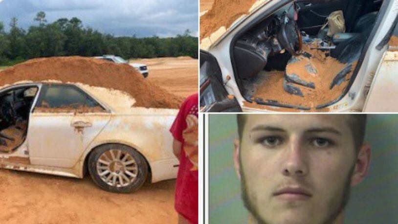 Hunter Mills was arrested and charged with felony criminal mischief after using a front end loader to dump a pile of dirt on a car his girlfriend was driving.