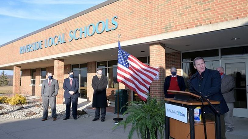 Lt. Gov. Jon Husted was joined by Paolo DeMaria, the state’s Superintendent of Public Instruction; Scott Mann, Superintendent of Riverside Schools; and other state and local partners to highlight the district’s use of state funding to provide hotspots and internet-enabled devices to students. CONTRIBUTED