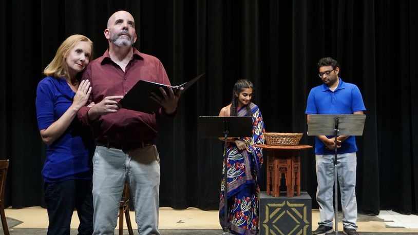 Megan Cooper (Gayle), Alex Carmichal (Aakil), Trisha Chatterjee (Deepshikha), Neal Patel (Saresh) rehearse their roles in Holly Hepp-Galvan's "Lakshmi Counts Her Arms and Legs'' being presented at FutureFest July 16. CONTRIBUTED