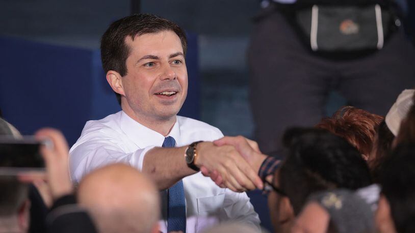 South Bend Mayor Pete Buttigieg greets guests after announcing that he will be seeking the Democratic nomination for president during a rally in the old Studebaker car factory on April 14, 2019 in South Bend, Indiana. Buttigieg has been drumming up support for his run during several recent campaign swings through Iowa, where he will be retuning to continue his campaign later this week.