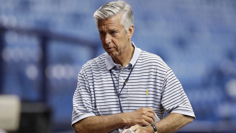 This March 30, 2018, file photo shows Dave Dombrowski, president of Baseball Operations for the Boston Red Sox, before a baseball game between the Tampa Bay Rays and the Red Sox in St. Petersburg, Fla.