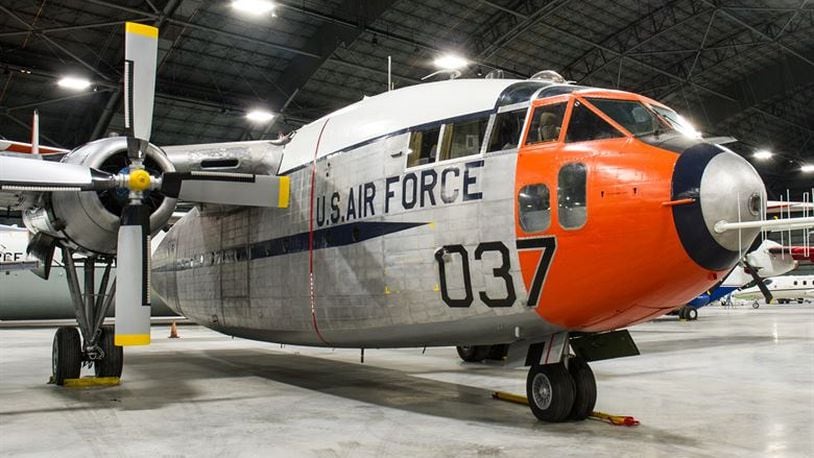 Fairchild C-119J Flying Boxcar is on display in the Space Gallery at the National Museum of the United States Air Force. (U.S. Air Force photo by Ken LaRock)