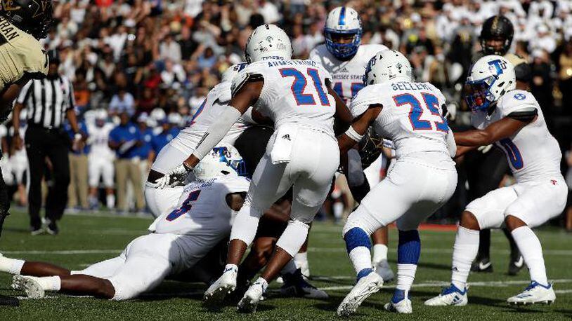 Tennessee State linebacker Christion Abercrombie (6) helps to make a tackle during the first half of an NCAA college football game against Vanderbilt on Saturday, Sept. 29, 2018, in Nashville, Tenn.