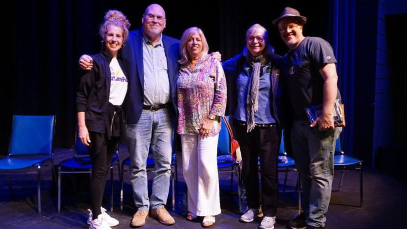 Left to right: The 2022 Dayton Playhouse FutureFest finalists: Holly Hepp-Galaván of Astoria, New York; William Cameron of Washington, Pennsylvania; Kate Katcher of Sandy Hook, Connecticut; Donna Kaz of Blue Point, New York; and Daniel Damiano of Brooklyn, New York. Cameron won for his Depression-era drama "Every Livin' Soul." PHOTO BY ANNIE PESCH