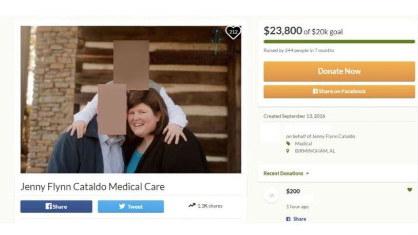 A screenshot from the Alabama Attorney General's Office shows a GoFundMe page for Jennifer Flynn Cataldo, who authorities say faked terminal cancer to bilk family, friends and strangers out of donations. Cataldo was arrested on two charges of theft by deception Thursday, May 4, 2017.