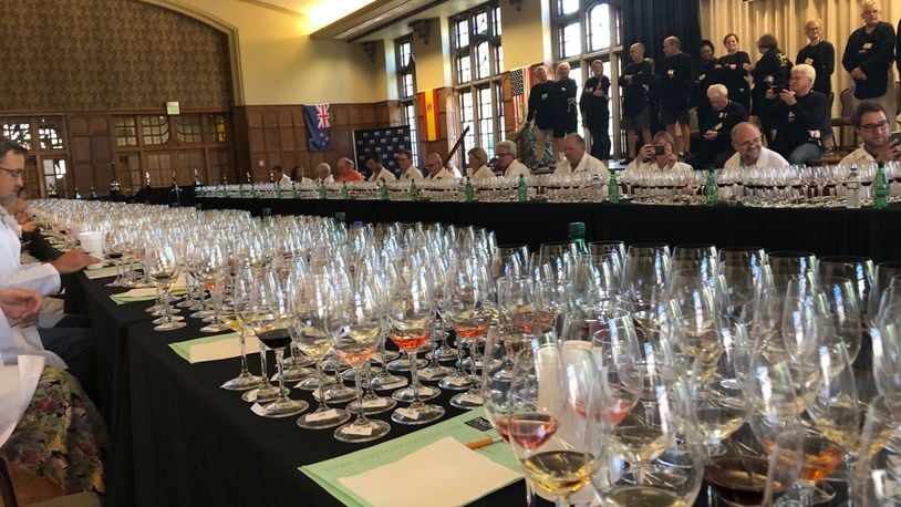 Judges prepare to evaluate wines in the  2019 Indy International Wine Competition "Best of Show" taste-off on May 23, 2019.
