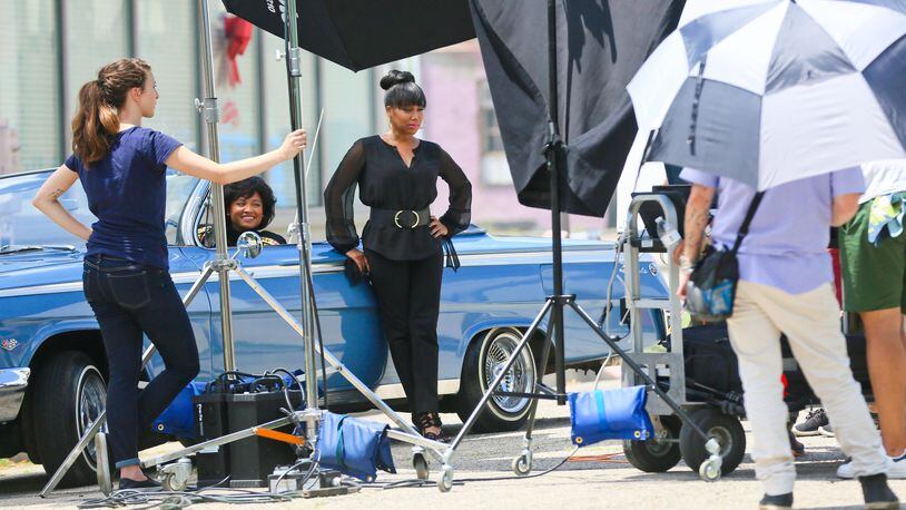 Actors Rhyon Nicole Brown and Michel’le Toussaint pose for promotional pictures for the movie “Girl from Compton,” which filmed scenes Tuesday in Middletown. The movie will finish filming in Cincinnati.