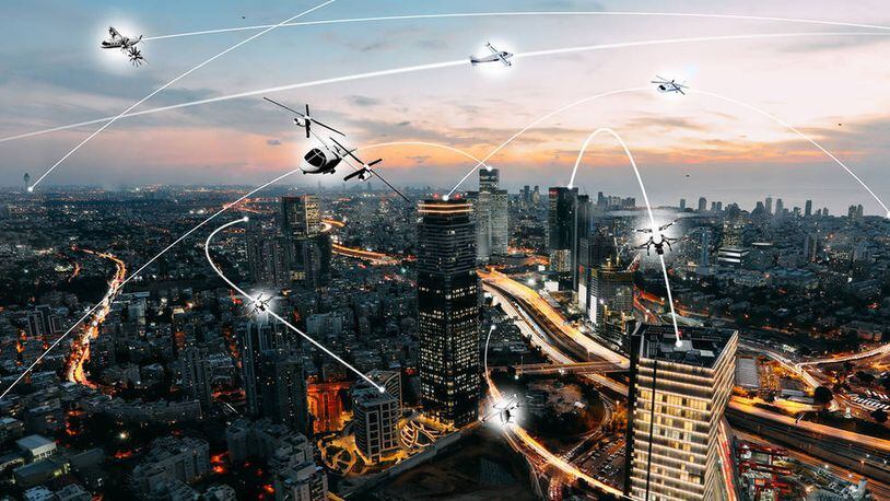 An artist’s conception of an urban air mobility environment, where air vehicles with a variety of missions and with or without pilots, are able to interact safely and efficiently. NASA / Lillian Gipson