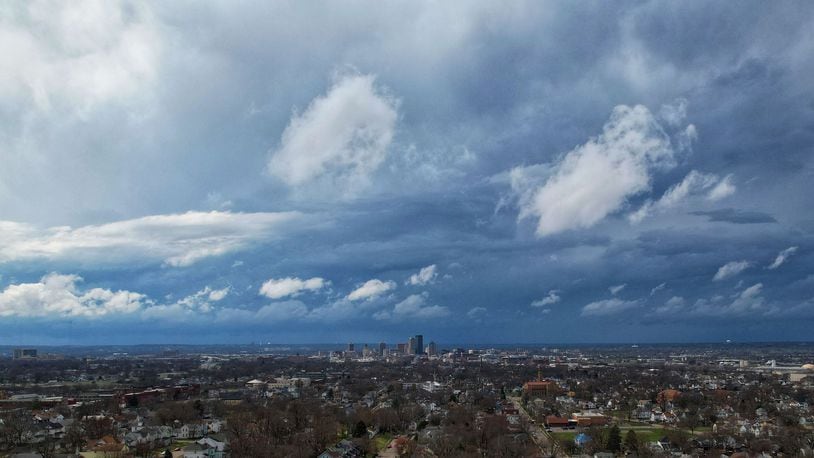 Storm clouds move into Dayton during the afternoon Wednesday, March 23, 2022. JIM NOELKER / STAFF PHOTO