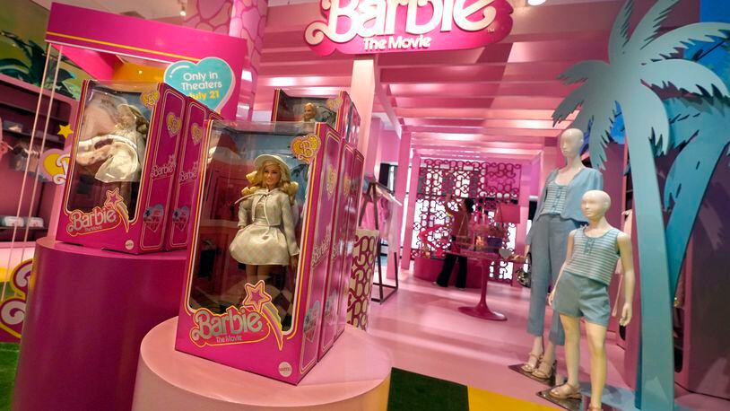 FILE - Barbie-themed merchandise is displayed at Bloomingdale's, in New York, July 20, 2023. (AP Photo/Richard Drew, File)