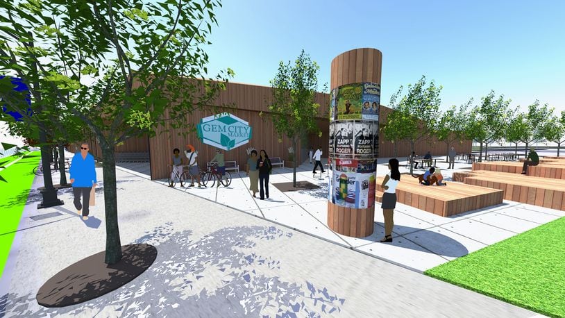 A view of another angle of the possible Gem City Market building design, showing the entrance plaza, a gathering space for the community. ARCHITECT MATT SAUER