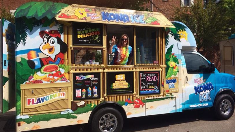 The Kona Ice Truck plays tropical tunes, as customer's have a chance to flavor their own shaved ice.  Equally as appealing about the launch of Kona Ice of Central Dayton is its philanthropic commitment to the communities it serves. (Source: Facebook)