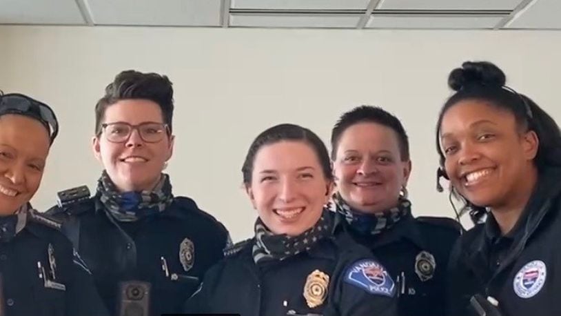 Sergeant Jennifer Chiles, Officer Brittany Blackford, Officer Whittney Bryson, and Officer Kristen Thomas, and Public Safety Specialist Deborah Wright respond to emergencies as the first all woman staff.