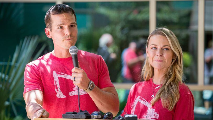 Granger Smith and Amber Smith visit Dell Children's Medical Center of Central Texas to present a donation in memory of their son, River Kelly Smith on June 25, 2019, in Austin, Texas.
