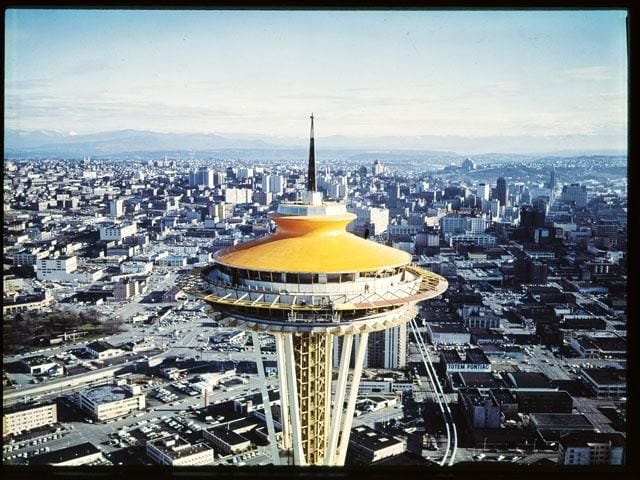 "During the fair, the Space Needle's pagoda roof was painted glowing orange, a shade officially known as Galaxy Gold."