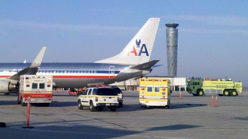 An American Airlines plane at the Dayton airport.