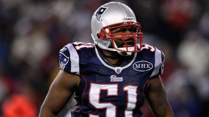 Jerod Mayo of the New England Patriots looks on against the Denver Broncos during their AFC Divisional Playoff Game at Gillette Stadium on Jan. 14, 2012, in Foxboro, Massachusetts.  (Photo by Elsa/Getty Images)