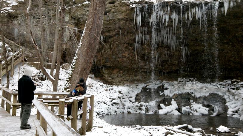 Charleston Falls on Ross Road in Miami County offers many attractive features for winter walks and photo expeditions.