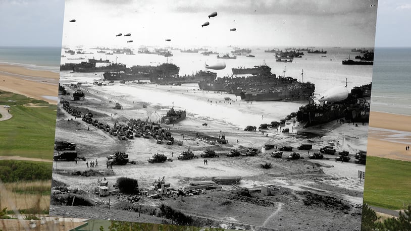In this composite image a comparison has been made of Colleville sur Mer, France. D-Day took place on June 6, 1944. A view of the Omaha Beach on May 7, 2014 near Colleville sur Mer, France. The Allied invasion to liberate mainland Europe from Nazi occupation during World War II took place on June 6, 1944. Operation Overlord, known as D-Day, was the largest sea borne invasion in military history.  (Photo by Peter Macdiarmid/Getty Images) ***ARCHVE 1944*** World War Two, (D-Day), Invasion of France, pic: June 1944, American craft of all styles pictured at Omaha Beach, Normandy, during the first stages of the Allied invasion (Photo by Popperfoto/Getty Images)
