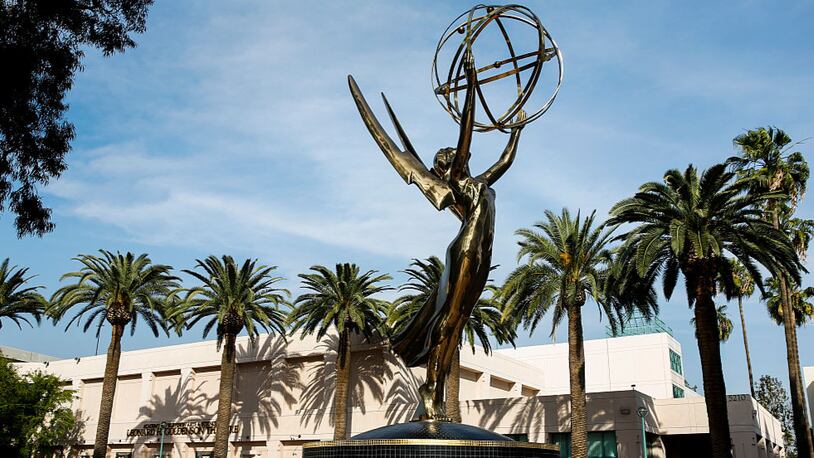 NORTH HOLLYWOOD, CA--MARCH 6, 2014--A giant Emmy statue sits atop a fountain in front of the Academy of Television Arts & Sciences' North Hollywood headquarters, March 6, 2014.  (Photo by Jay L. Clendenin/Los Angeles Times via Getty Images)