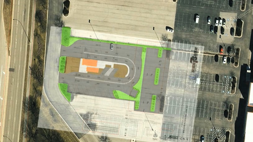 A diagram shows where New York-based 7 Brew Coffee will build a drive-thru coffee shop in Beavercreek. On the left edge of the photo is North Fairfield Road. On the right edge is the REI Co-op store slated to open next month. CONTRIBUTED