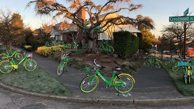 Forty LimeBikes appeared in a homeowner's yard as a prank. (Photo: KIRO7.com)